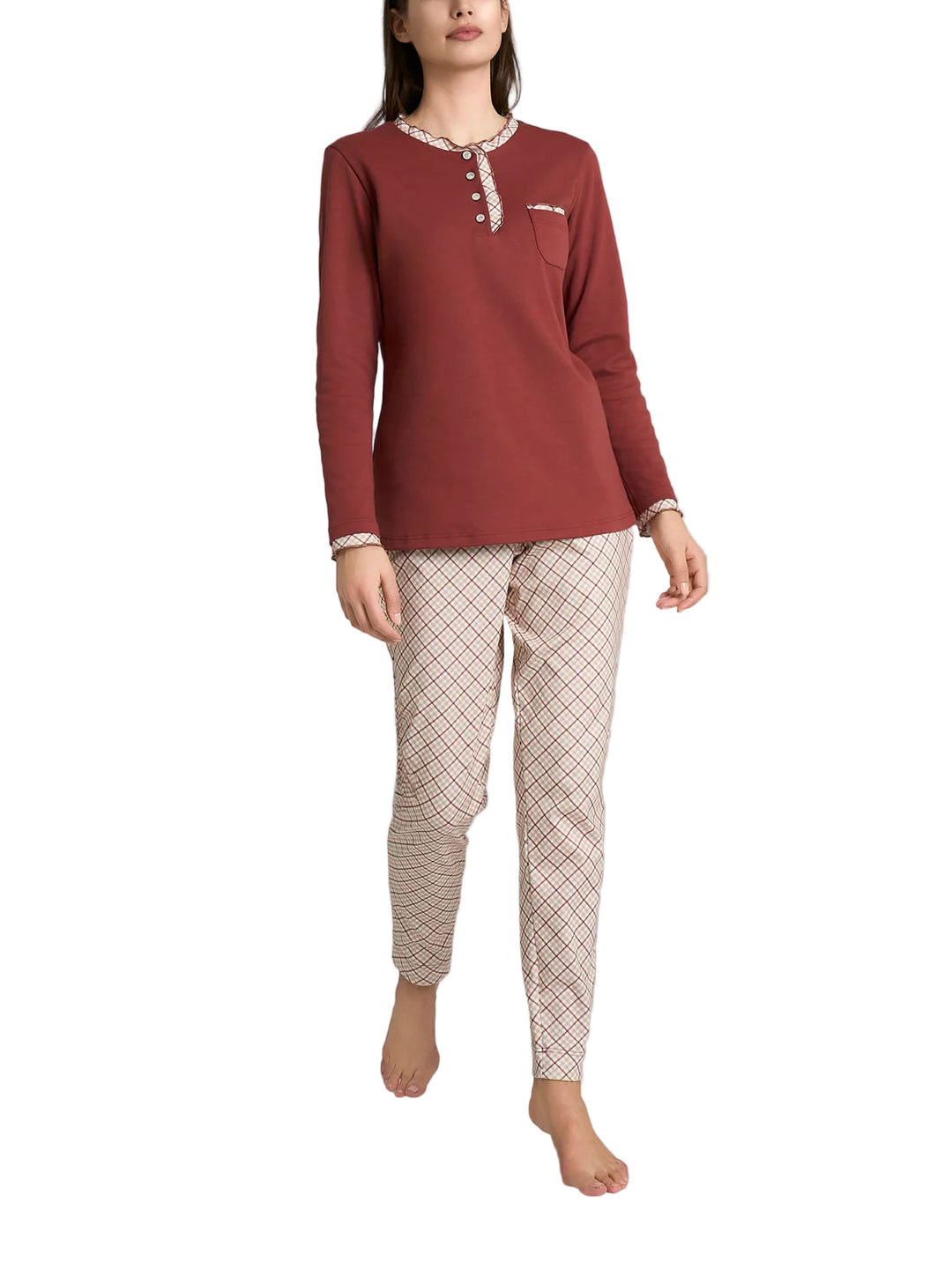 Ragno Pigiama a serafino con rouches in Interlock di cotone Fant. Henna Small Tartan